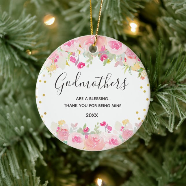 Pink Floral Godmothers Gold Ceramic Ornament (Tree)