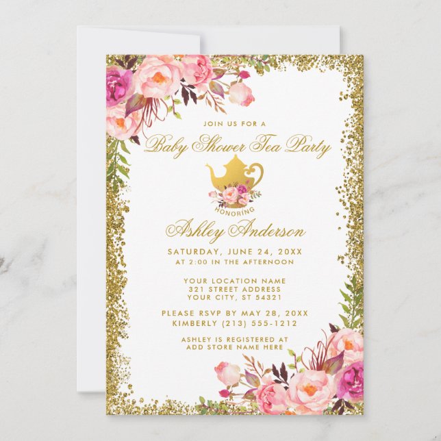 Pink Floral Gold Baby Shower Tea Party Invite G (Front)