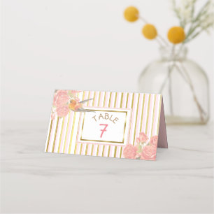PInk Floral Gold Bird Wedding Table Number Place Card