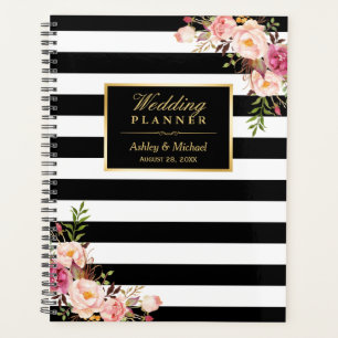 Pink Floral Gold Black White Stripes Wedding Planner