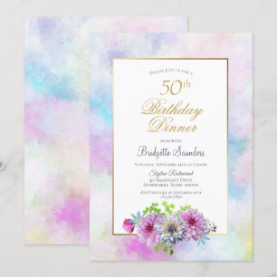 Pink Floral Gold Border 50th Birthday Dinner Invitation