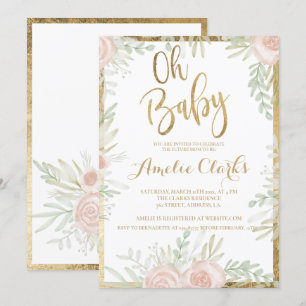 Pink floral gold border chic white Baby Shower Invitation