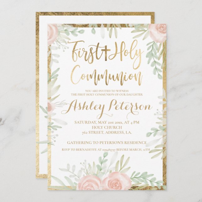 Pink floral gold border First Holy Communion Invitation (Front/Back)