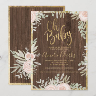 Pink floral gold border rustic wood Baby Shower Invitation
