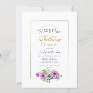 Pink Floral Gold  Border Surprise Birthday Dinner Invitation