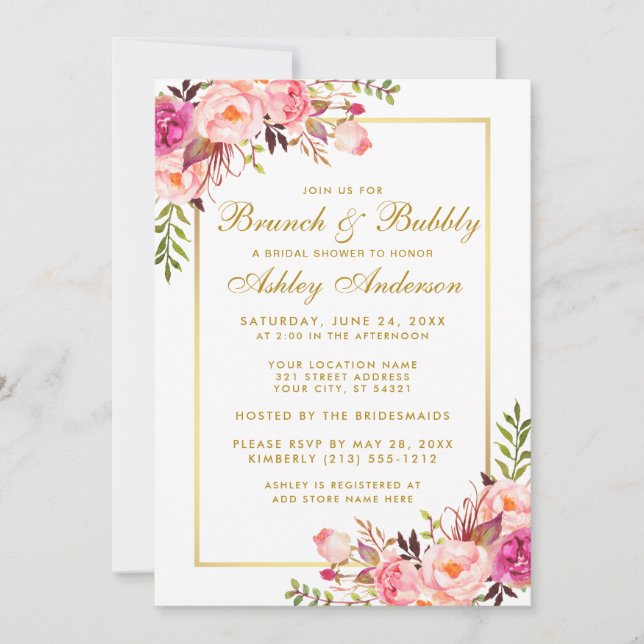 Pink Floral Gold Bridal Shower Brunch Invitation (Front)