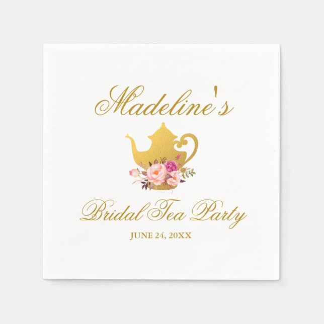 Pink Floral Gold Bridal Shower Tea Party Napkin (Front)