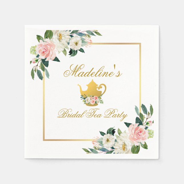 Pink Floral Gold Bridal Shower Tea Party Napkin (Front)