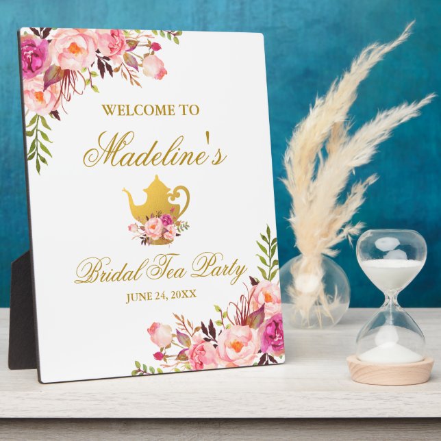 Pink Floral Gold Bridal Shower Tea Party Welcome Plaque (Side)