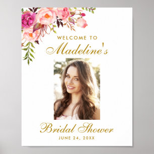 Pink Floral Gold Bridal Shower Welcome Photo Poster