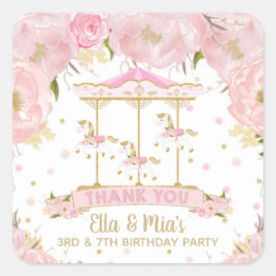 Pink Floral Gold Carousel Merry Go Round Birthday Square Sticker