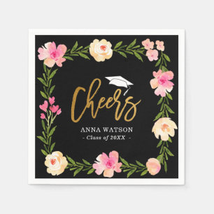 Pink Floral Gold Cheers Custom Graduation Party Napkin