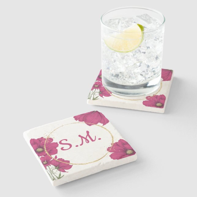 Pink Floral Gold Circle  Stone Coaster (Side)