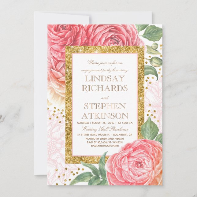 Pink Floral Gold Confetti Engagement Party Invitation (Front)