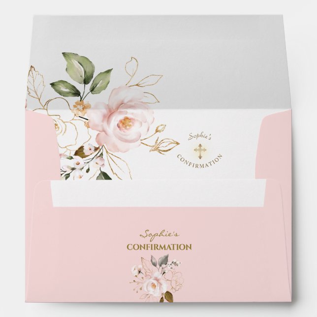 Pink Floral Gold Confirmation Return Address Envelope (Back (Bottom))