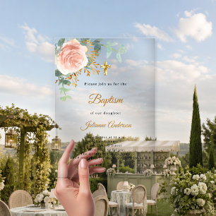 Pink floral gold cross baptism clear luxury acrylic invitations