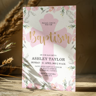 Pink Floral Gold Cross Baptism invitation