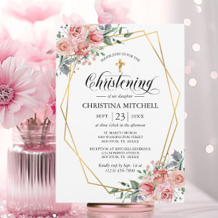 Pink Floral Gold Cross Christening Baptism Girl Invitation