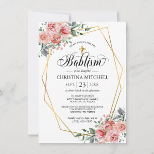 Pink Floral Gold Cross Christening Baptism Girl Invitation