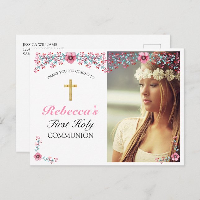 Pink Floral Gold Cross First Communion Thank You  Postcard (Front/Back)