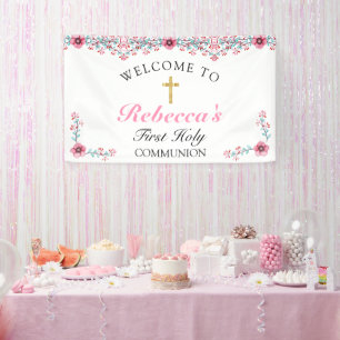 Pink Floral Gold Cross First Communion Welcome Banner