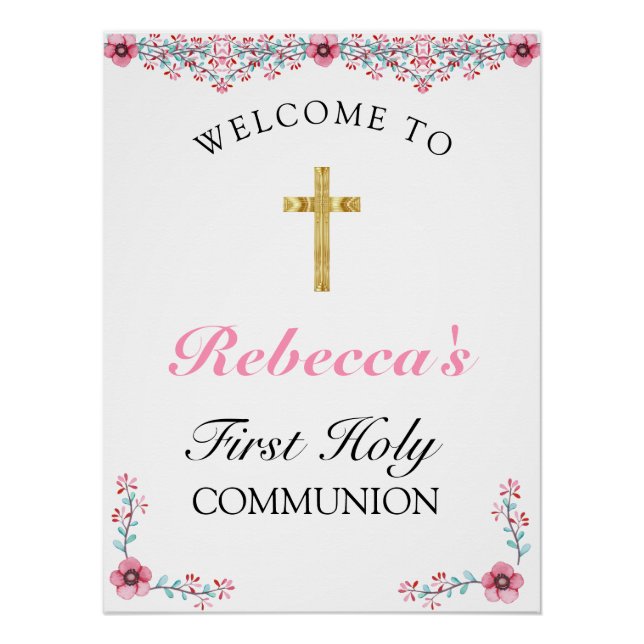 Pink Floral Gold Cross First Communion Welcome Poster (Front)