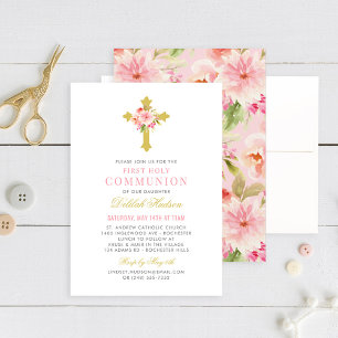 Pink Floral Gold Cross Girl First Communion Invitation