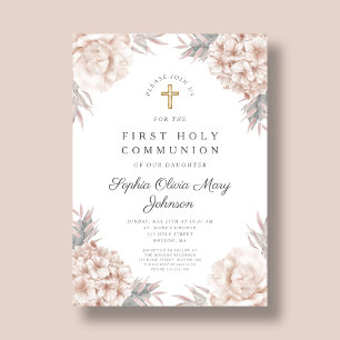 Pink Floral Gold Cross Religious First Communion Invitation