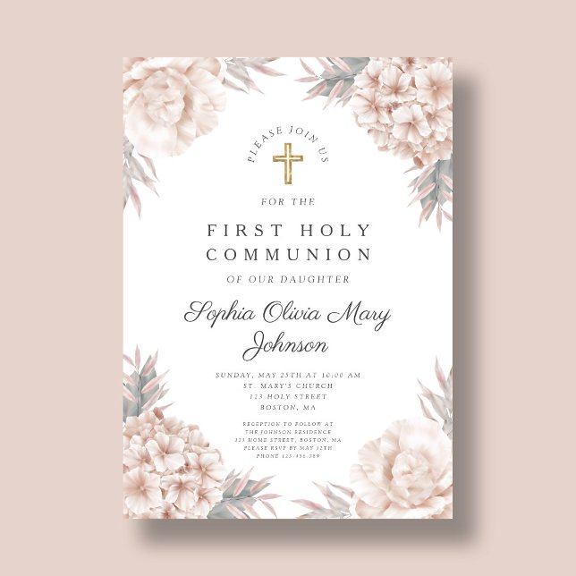 Pink Floral Gold Cross Religious First Communion Invitation (Pink Floral Gold Cross Religious First Communion Invitation)