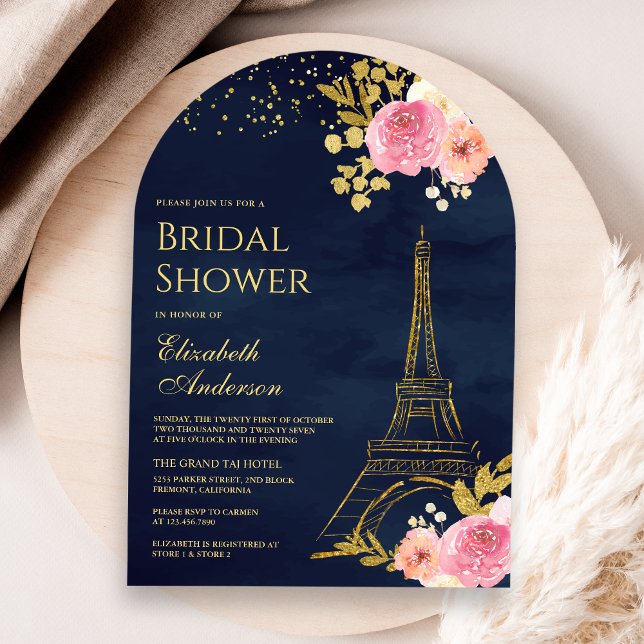 Pink Floral Gold Eiffel Tower Navy Bridal Shower Invitation (Creator Uploaded)