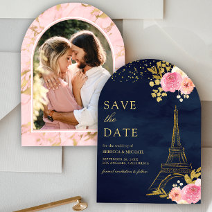 Pink Floral Gold Eiffel Tower Navy Photo Wedding Save The Date