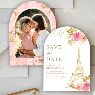 Pink Floral Gold Eiffel Tower Photo Wedding Save The Date