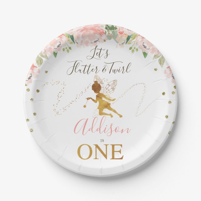 Pink Floral Gold Fairy Birthday Party  Paper Plate (Front)