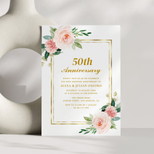pink floral gold frame 50th anniversary wedding invitation