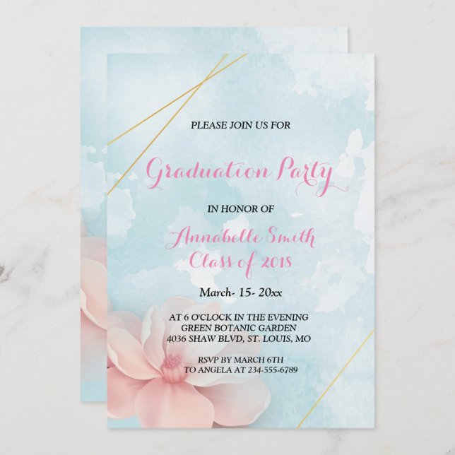 Pink floral gold frame blue water Graduation Party Invitation (Front/Back)