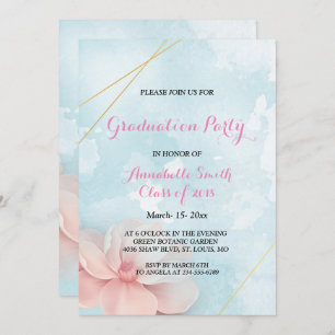 Pink floral gold frame blue water Graduation Party Invitation