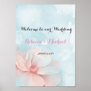 Pink floral gold frame blue watercoloe Welcome Poster