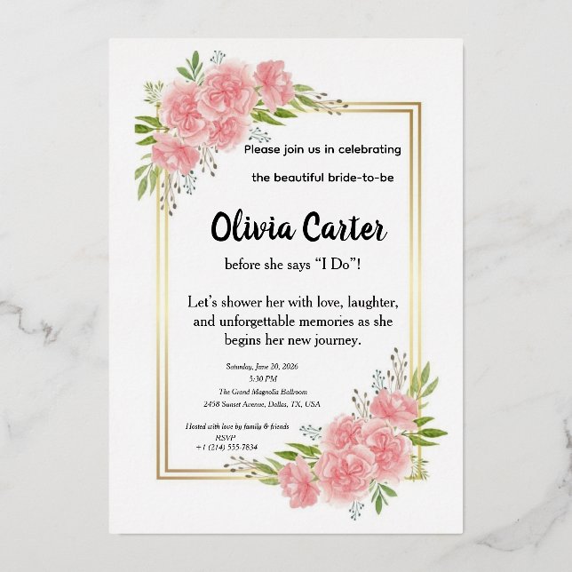 Pink Floral Gold Frame Bridal Shower (Front)