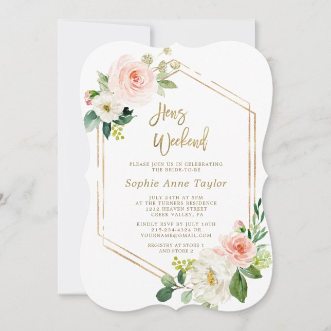Pink Floral Gold Frame Hens Bachelorette Weekend Invitation (Front)