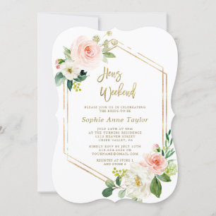 Pink Floral Gold Frame Hens Bachelorette Weekend Invitation