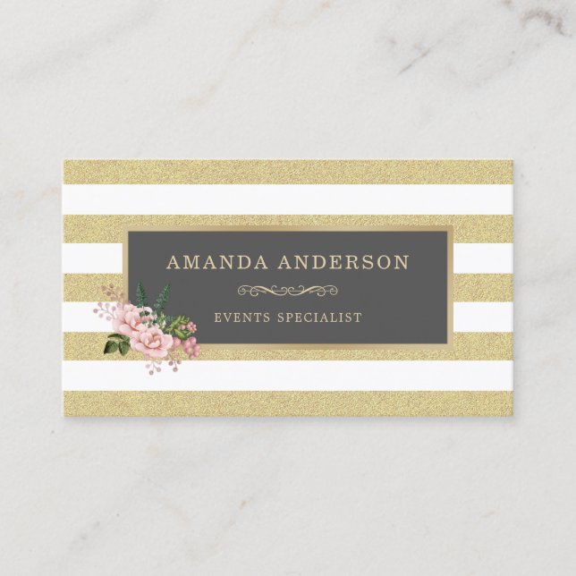 Pink Floral Gold Frame on Stripes | Business Card (Front)