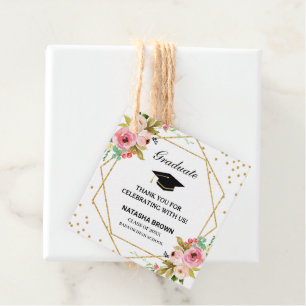 Pink Floral Gold Geometric Graduation Thank You  Favour Tags