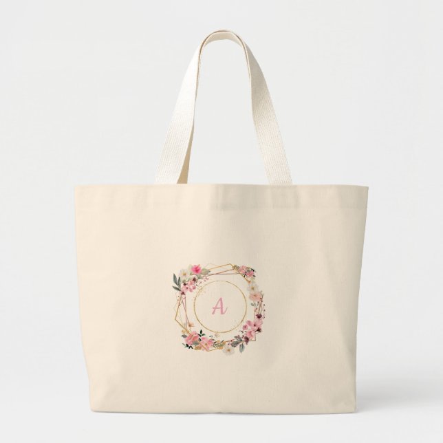 Pink Floral Gold Geometric Tote Bag (Front)