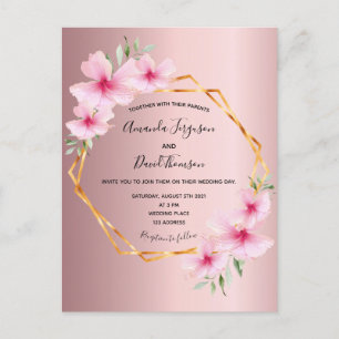 Pink floral gold geometric wedding invitation postcard