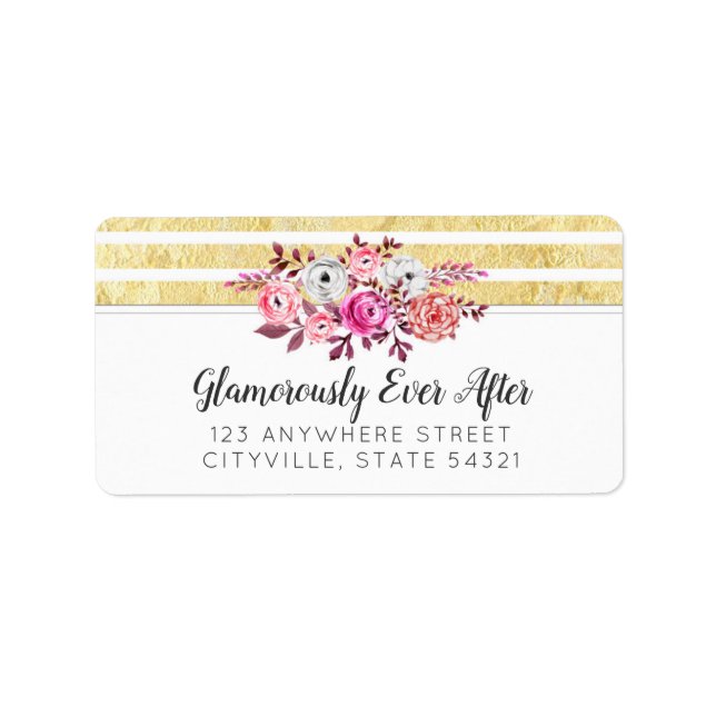 Pink Floral & Gold Glam Watercolor Modern Stripe Label (Front)