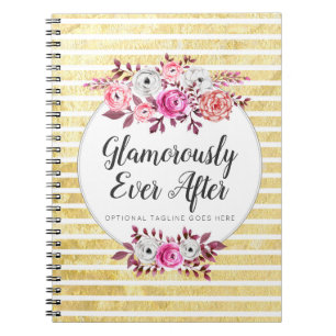 Pink Floral & Gold Glam Watercolor Modern Stripe Notebook