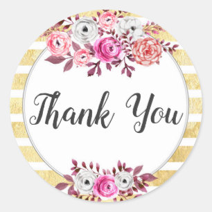 Pink Floral Gold Glam Watercolor Stripe Thank You Classic Round Sticker