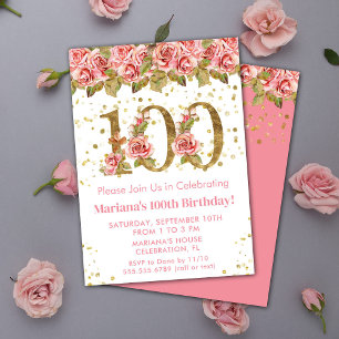 Pink Floral Gold Glitter 100th Birthday Party Invitation