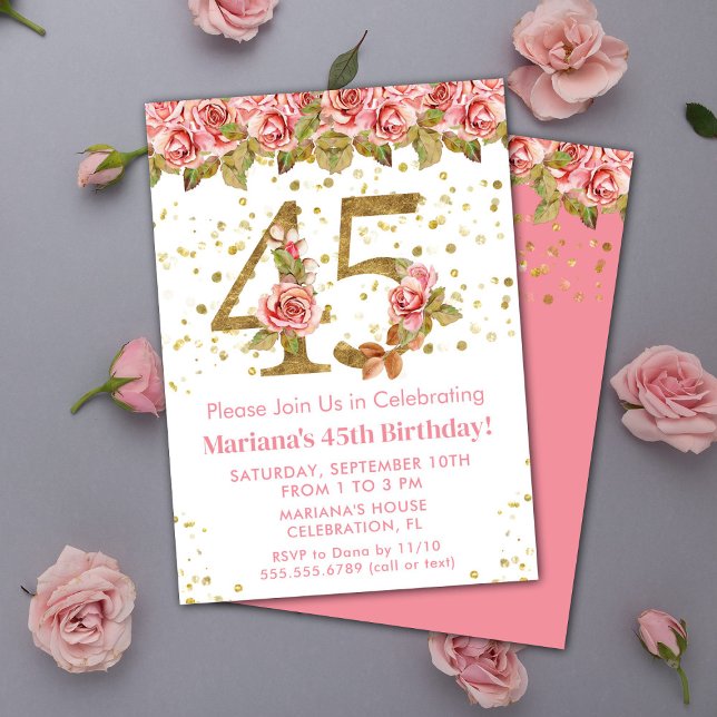 Pink Floral Gold Glitter 45th Birthday Party Invitation (Creator Uploaded)