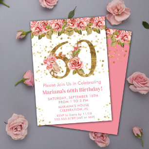 Pink Floral Gold Glitter 60th Birthday Party Invitation